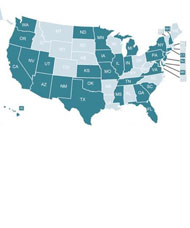 A map of the United States, where about half of the states are filled in with a darker color