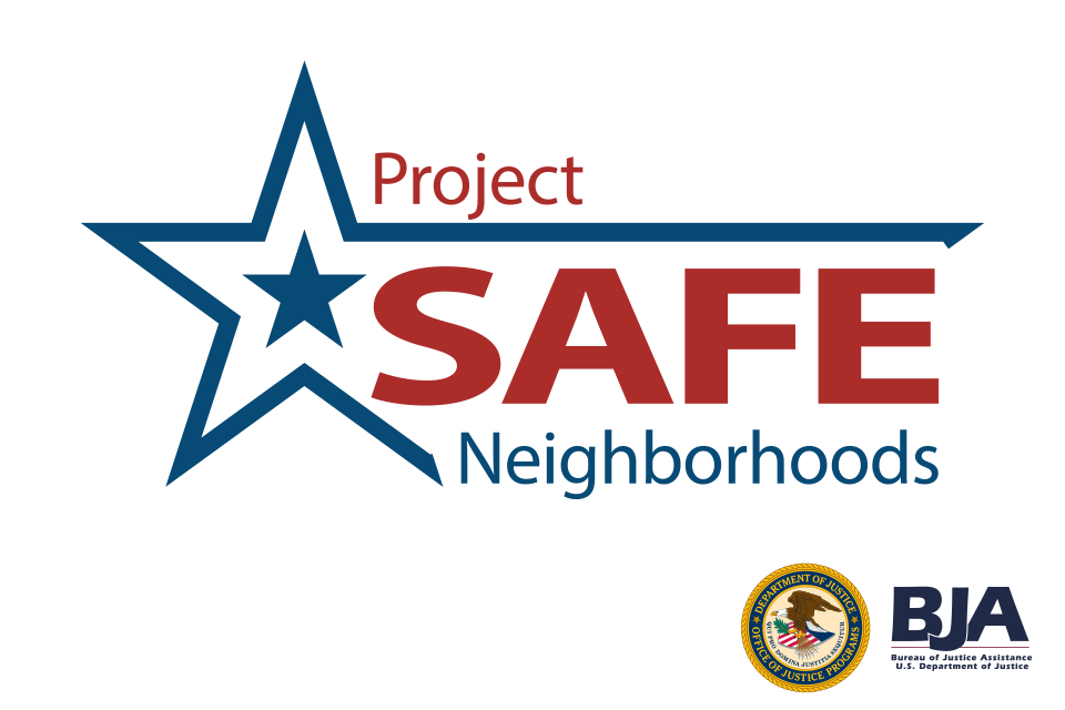 Project Safe Neighborhoods logo with BJA logo and OJP seal